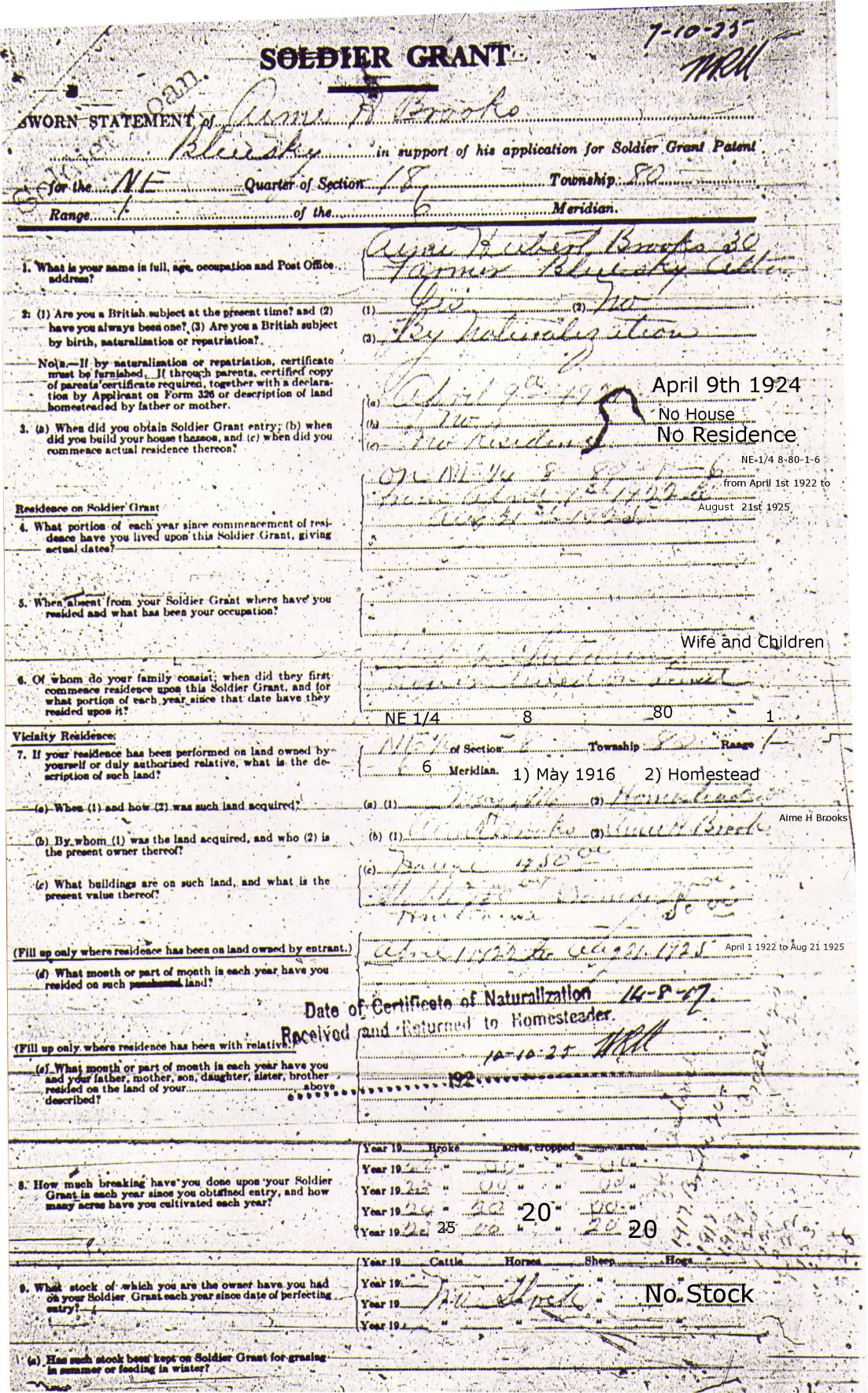 Provincial Archives of Alberta File 3924120 - Aime Brooks -Soldier Grant Form 1 of 2
